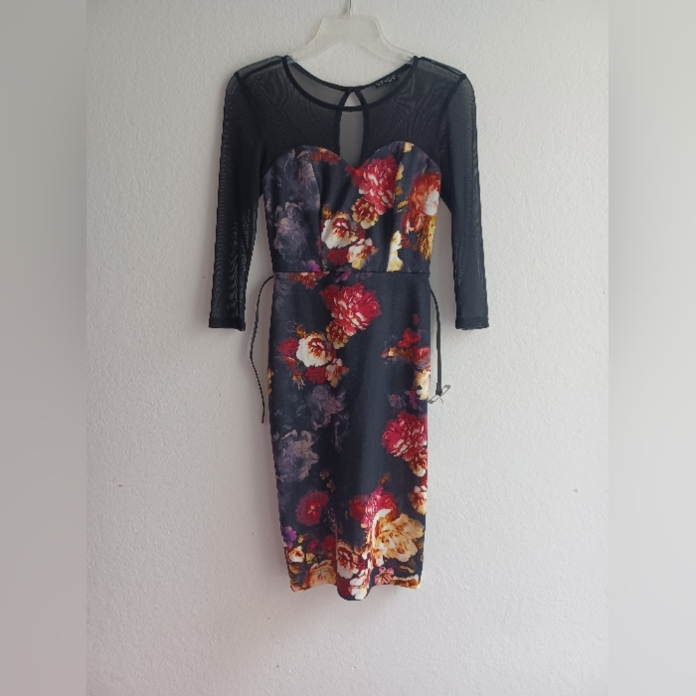 Venus black floral bodycon dress with mesh sleeves and mesh upper back, Small